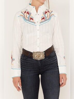 ARIAT MARTINA SNAP SHIRT Large white teal embroidered cowgirl western floral